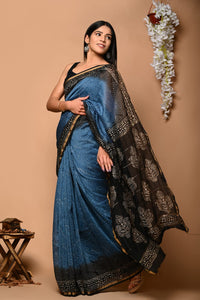 Black & Blue Printed Chanderi Silk Saree