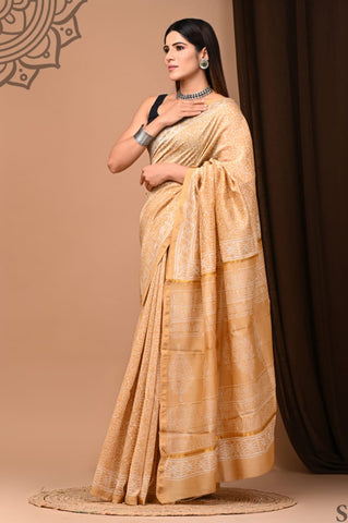 Yellow Printed Chanderi Silk Saree