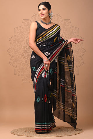 Black Printed Chanderi Silk Saree