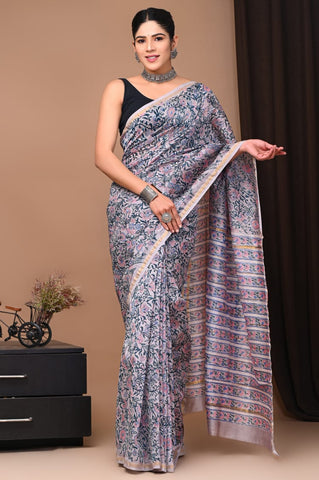 Blue Printed Chanderi Silk Saree