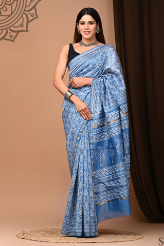 Light Blue Printed Chanderi Silk Saree