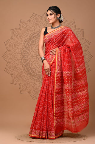 Red Printed Chanderi Silk Saree