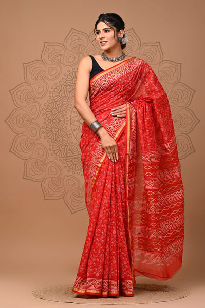 Red Printed Chanderi Silk Saree