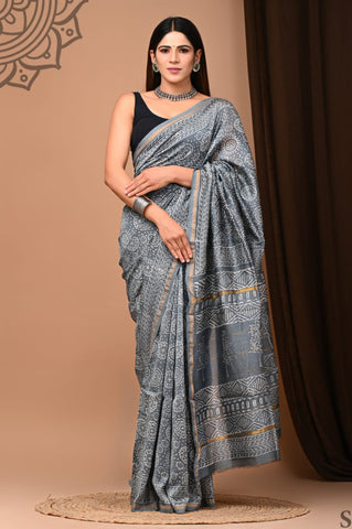 Grey Printed Chanderi Silk Saree