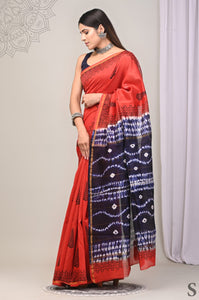 Red & Blue Printed Chanderi Silk Saree