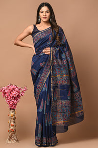 Blue Printed Chanderi Silk Saree