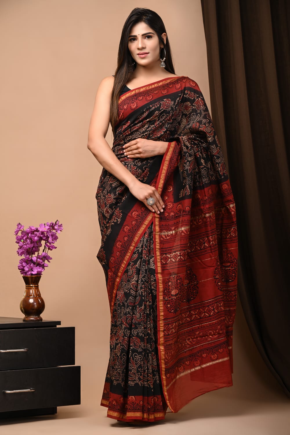 Black & Red Printed Chanderi Silk Saree