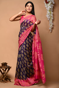 Pink & Purple Printed Chanderi Silk Saree