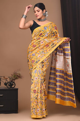 Yellow Printed Chanderi Silk Saree