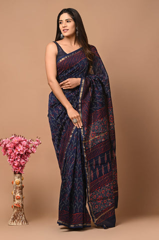 Blue Printed Chanderi Silk Saree