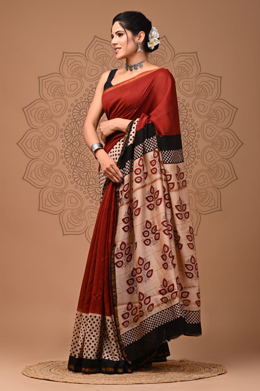 Red & Black Printed Chanderi Silk Saree