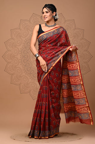 Red Printed Chanderi Silk Saree