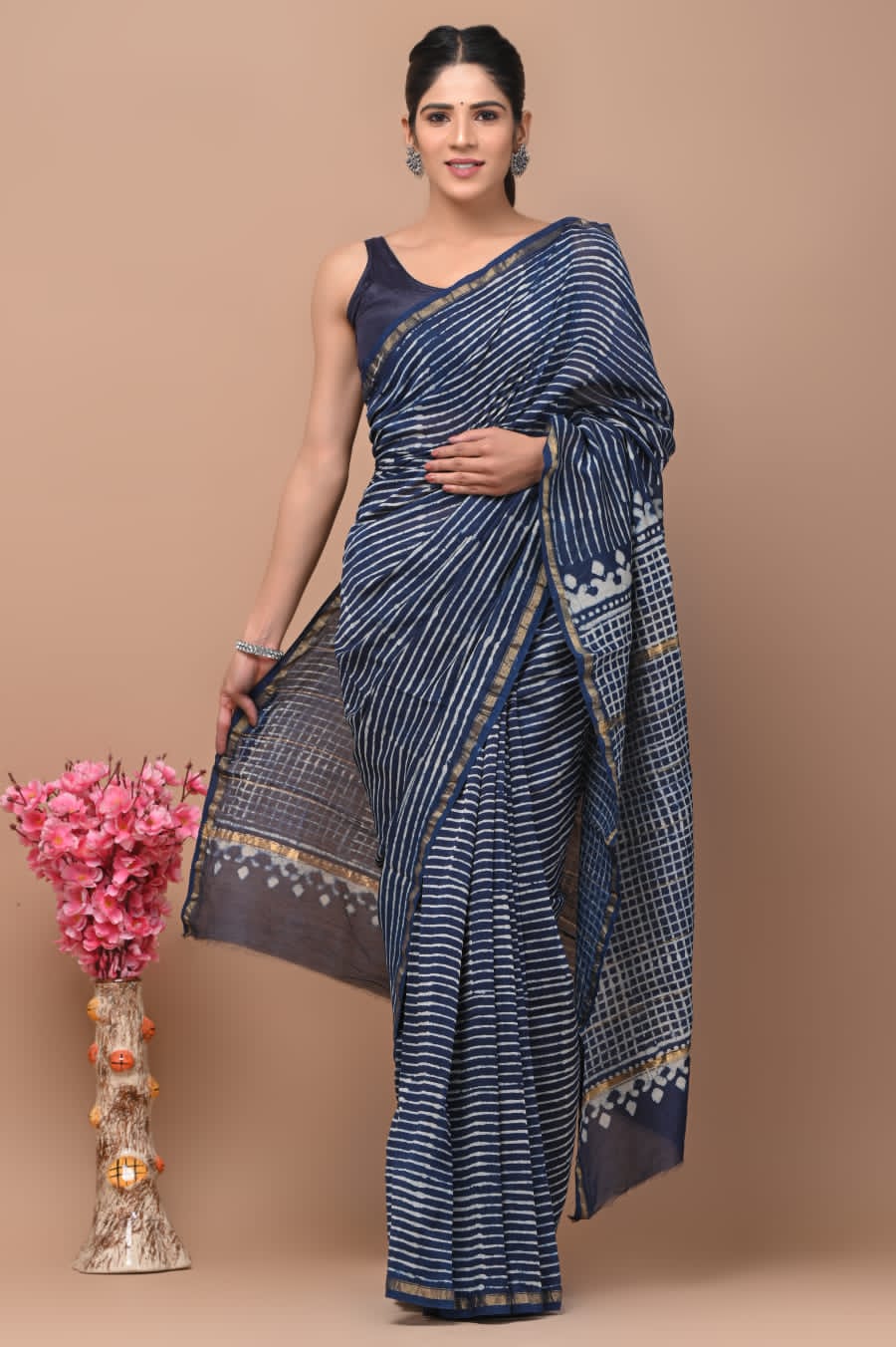 Blue Printed Chanderi Silk Saree