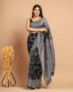 Black Printed Chanderi Silk Saree