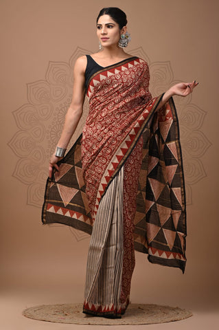 Red & Black Printed Chanderi Silk Saree