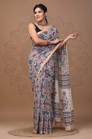 Off White & Blue Printed Chanderi Silk Saree