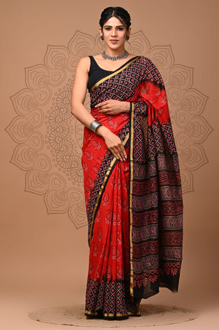 Red Printed Chanderi Silk Saree