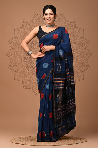 Blue Printed Chanderi Silk Saree