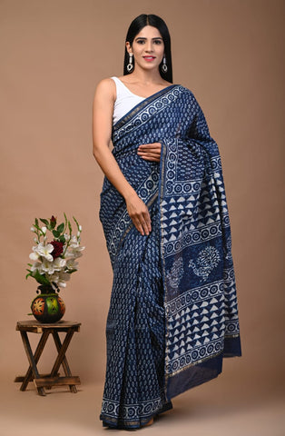 Blue & White Printed Chanderi Silk Saree