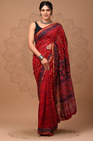 Red & Black Printed Chanderi Silk Saree