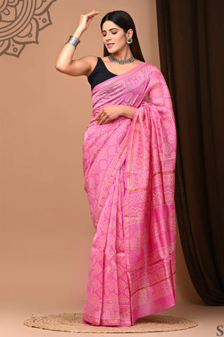 Pink printed Chanderi Silk Saree