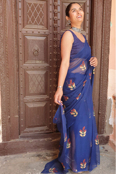 Royal Blue chiffon block print saree