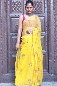Yellow Marigold chiffon block print saree