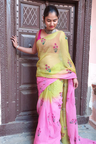 Green & pink chiffon block print saree
