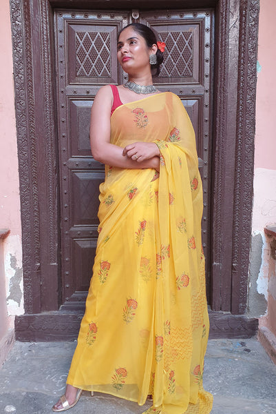 Yellow Marigold chiffon block print saree