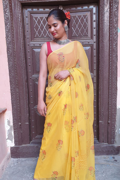 Yellow Marigold chiffon block print saree