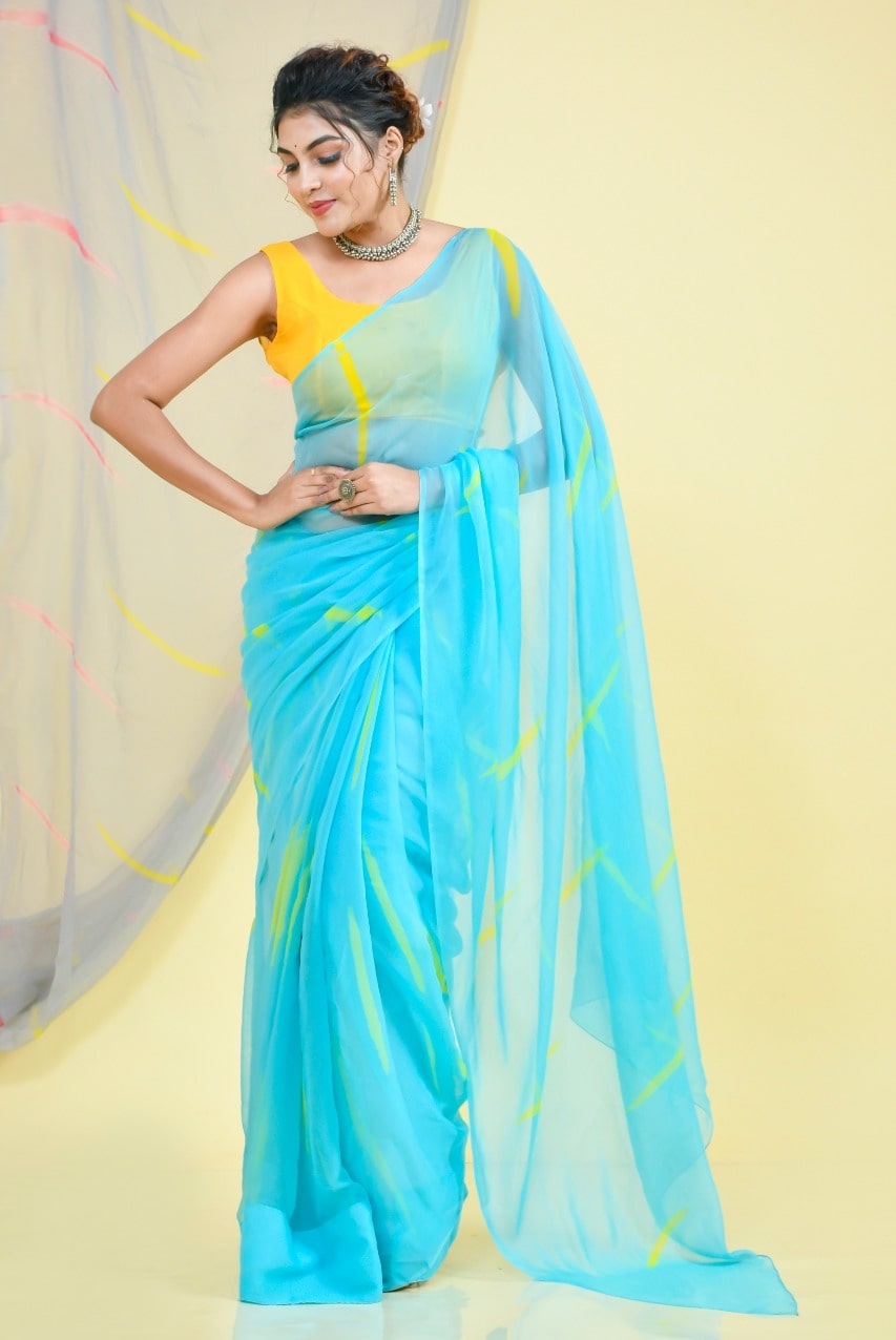 Blue Hand Brush Chiffon Saree