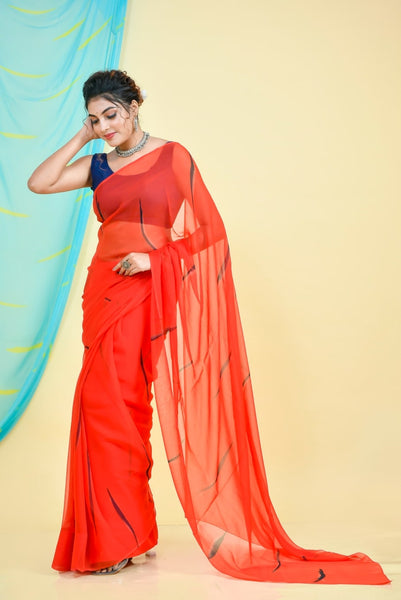 Red Hand Brush Chiffon Saree