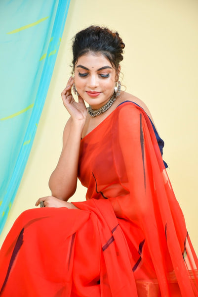 Red Hand Brush Chiffon Saree