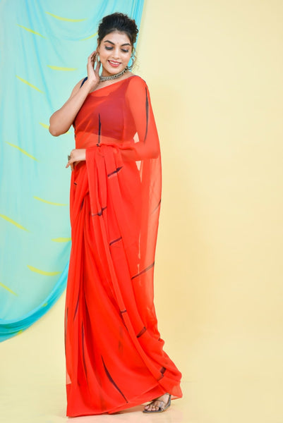 Red Hand Brush Chiffon Saree