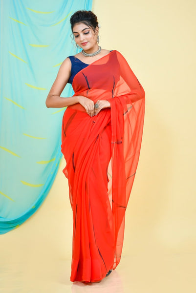 Red Hand Brush Chiffon Saree