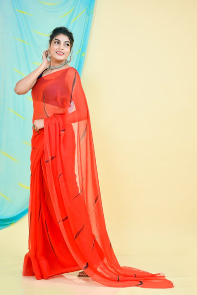 Red Hand Brush Chiffon Saree