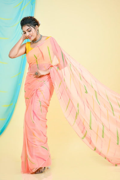 Pink Hand Brush Chiffon Saree