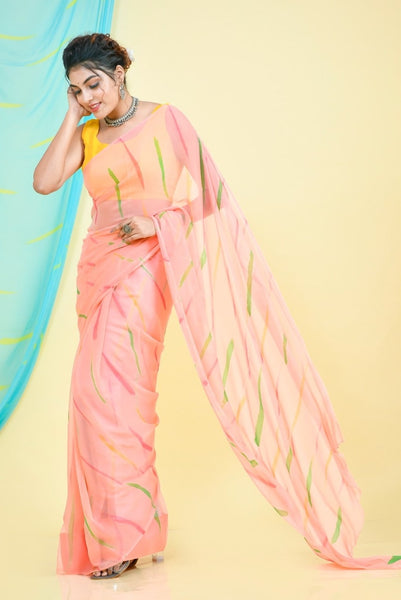 Pink Hand Brush Chiffon Saree