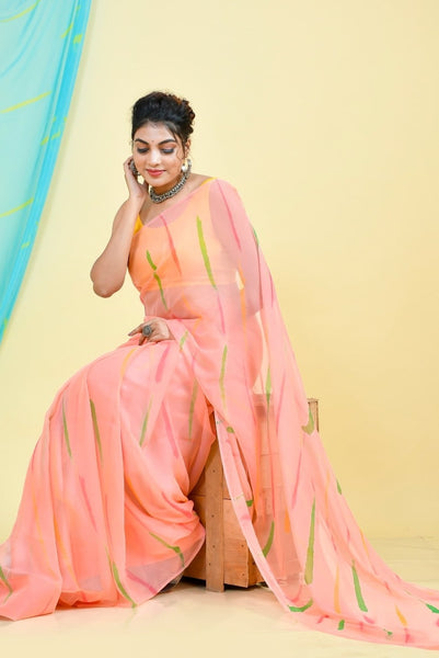 Pink Hand Brush Chiffon Saree