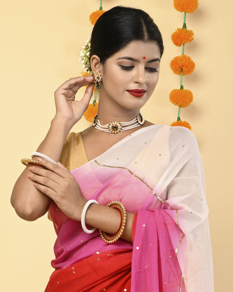 White Patch Border Work Chiffon Saree -